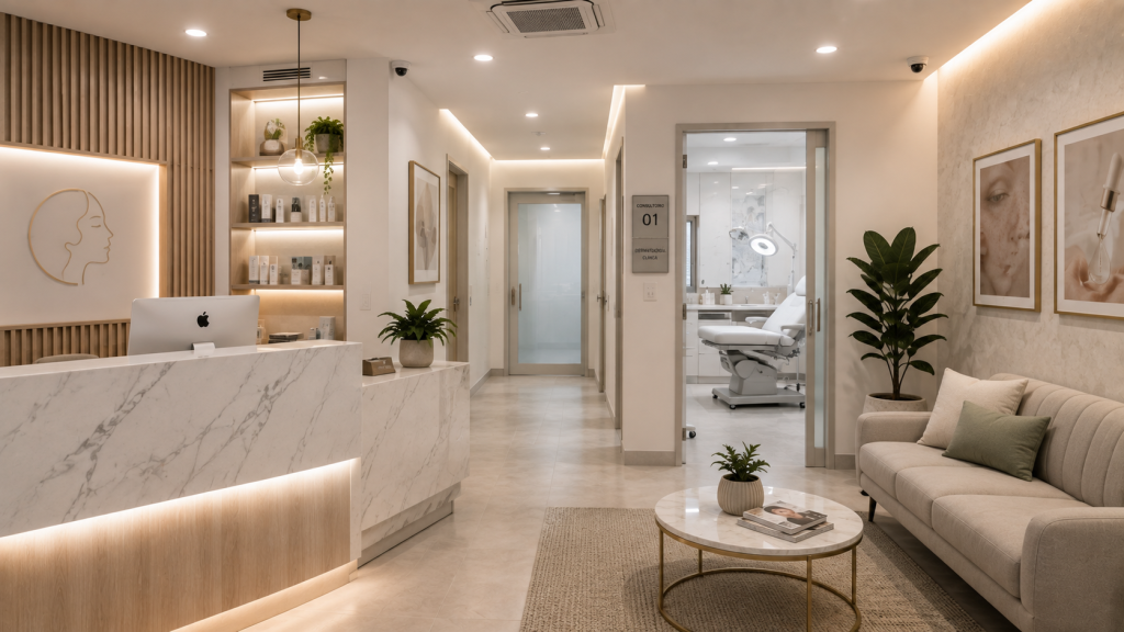 Recepción en mármol y pasillo iluminado de un consultorio de dermatología en Medellín, con sala de procedimientos visible al fondo.