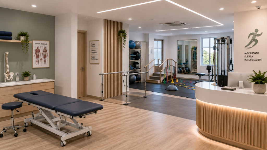 Consultorio de fisioterapia en Medellín con camilla de terapia manual, barras de apoyo y zona de ejercicio con equipos de electroterapia.