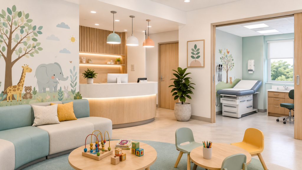 Recepción y consultorio pediátrico con mural infantil, sofá en tonos pastel y mesa de juegos, ejemplo de diseño cálido para consultorios de salud en Medellín.