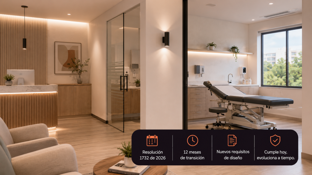 Consultorio de salud remodelado con recepción y sala de procedimientos, junto a una infografía de la Resolución 1732 de 2026 que resume sus 12 meses de transición y los nuevos requisitos de diseño.